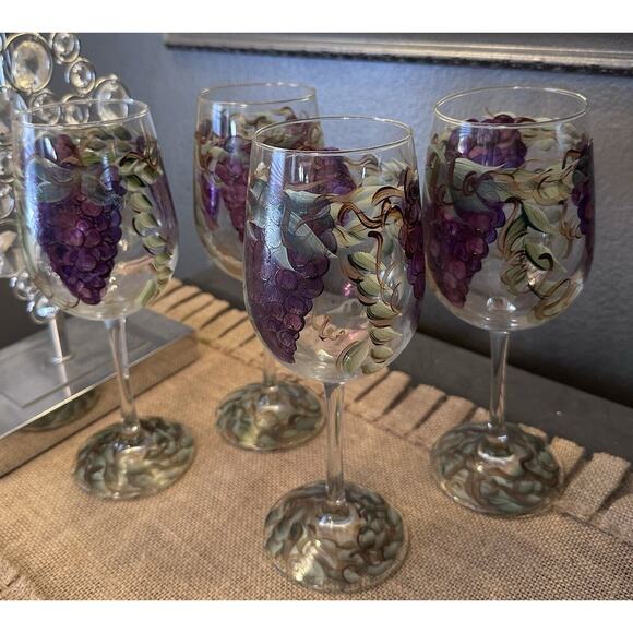Set of 4 Purple Grape Vine Exquisite Wine Glasses Hand Painted Textured EUC - Picture 6 of 7